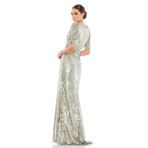 Mac Duggal Platinum Gold Silver Sequined V Neck Gown Dress Size 10 4707 - Picture 3 of 8